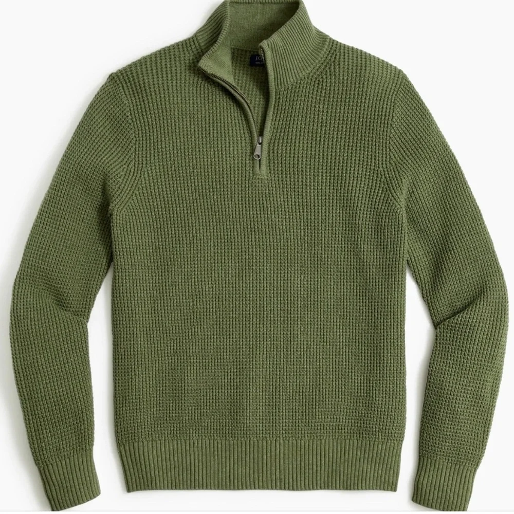 J. Crew‎ Factory Men's Waffle-Knit Half-Zip Pullover Sweater in Olive Green.